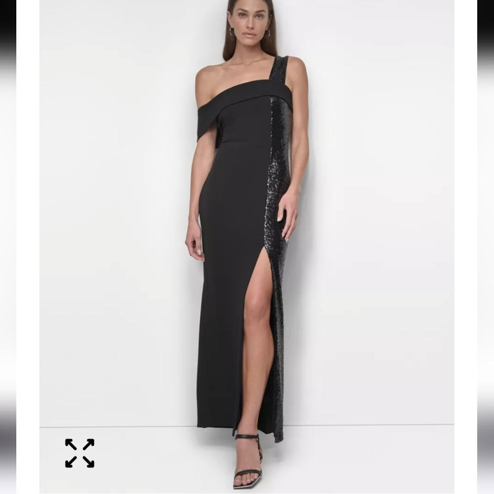 $249 DKNY Women's One-Shoulder Sequin-Strip Gown Sz 14 NWT Old Money Party Gala